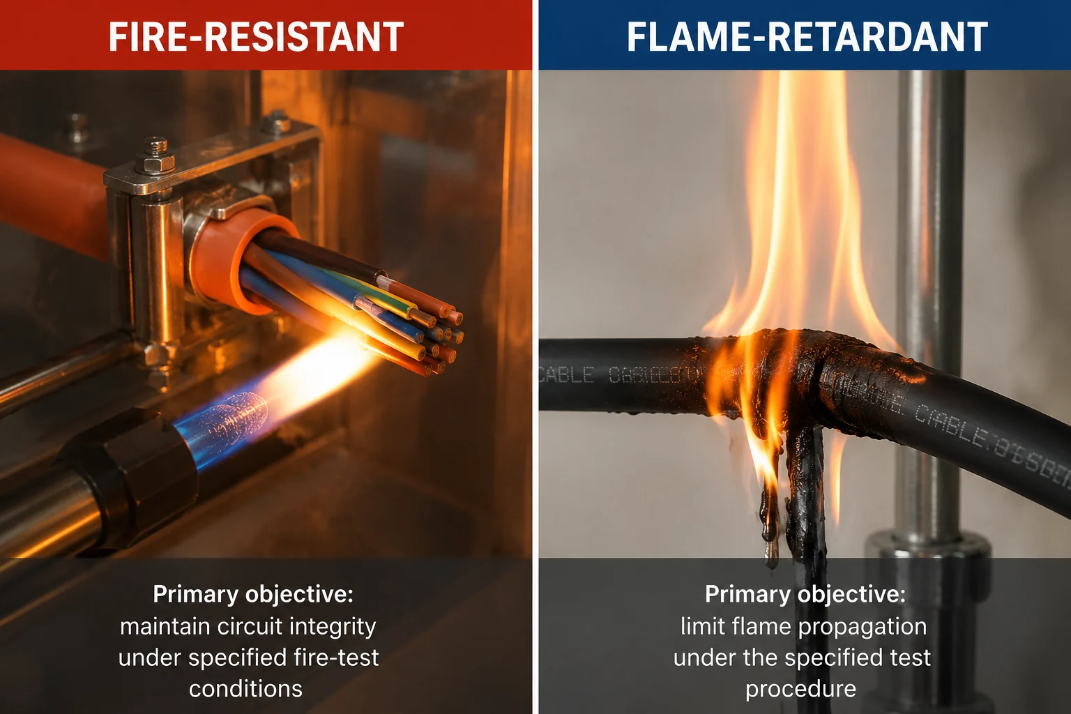 Fire-resistant cable vs flame-retardant cable comparison of circuit integrity and flame propagation