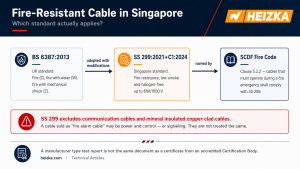 Diagram showing BS 6387:2013 adopted with modifications into SS 299:2021+C1:2024, which is named by Clause 5.2.2 of the SCDF Fire Code, with a note that SS 299 excludes communication cables and mineral insulated copper-clad cables.
