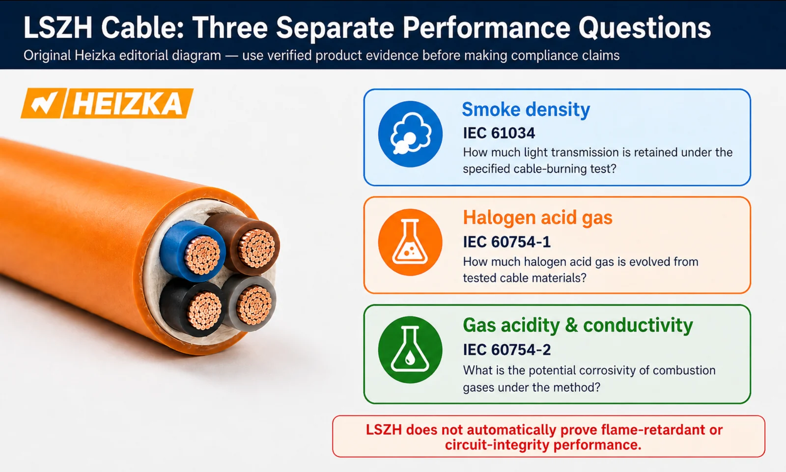 Diagram showing LSZH cable covers three separate performance questions: smoke density under IEC 61034, halogen acid gas under IEC 60754-1, and gas acidity and conductivity under IEC 60754-2.