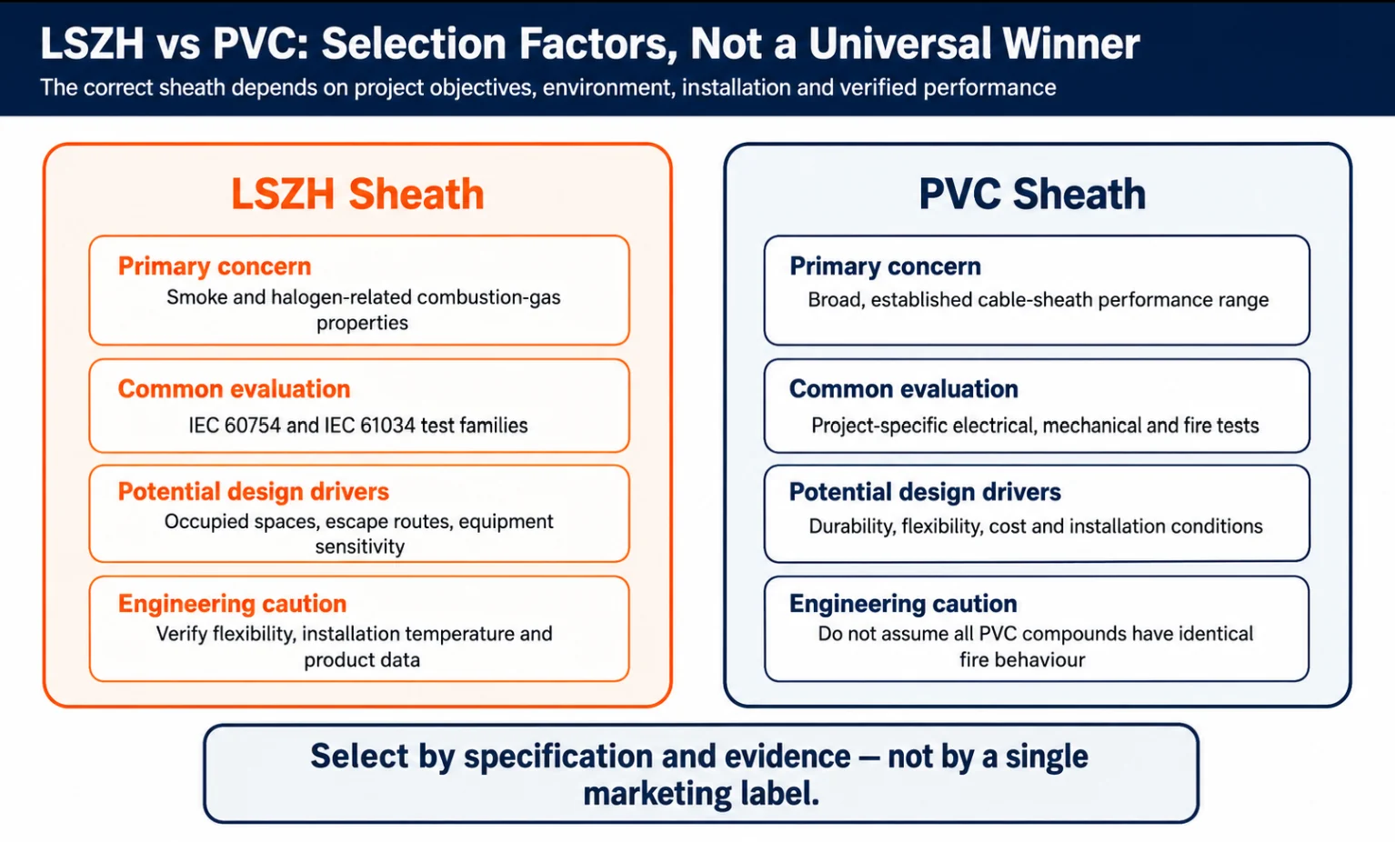 Side-by-side comparison of LSZH and PVC cable sheaths showing primary concern, common evaluation standards, design drivers and engineering cautions for each material.