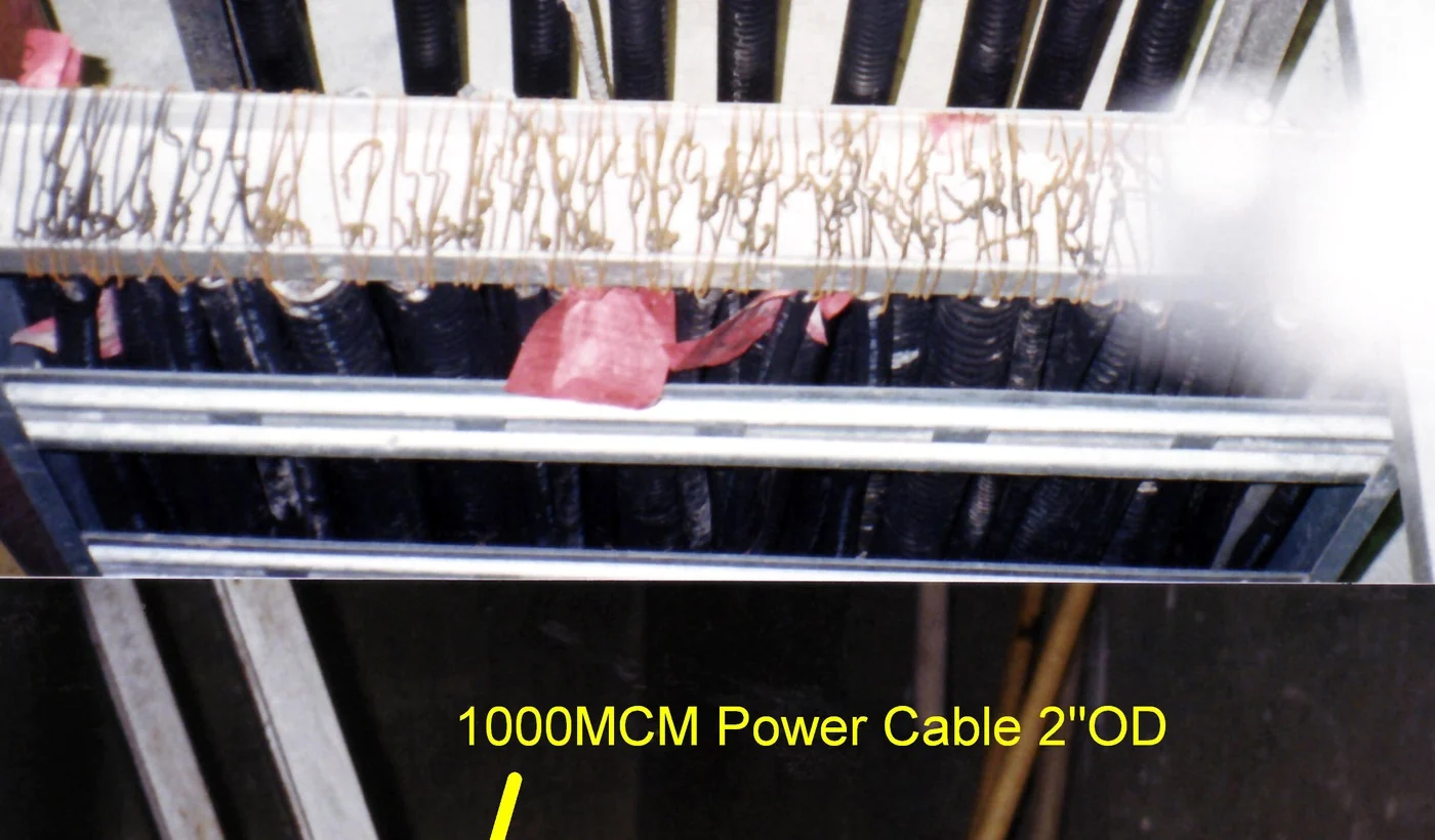 Power and control cables arranged in a firestop test assembly