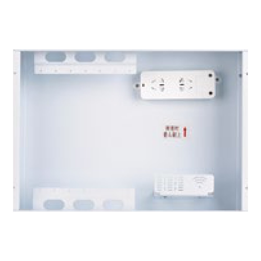Interior of a Heizka HEBX2-08A ELV box showing the module mounting plate and internal space for an ONT, router and power supply