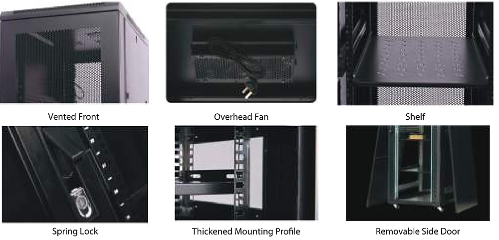 Heizka Server Rack Cabinet detail views: vented front, overhead fan, shelf, spring lock, thickened mounting profile and removable side door