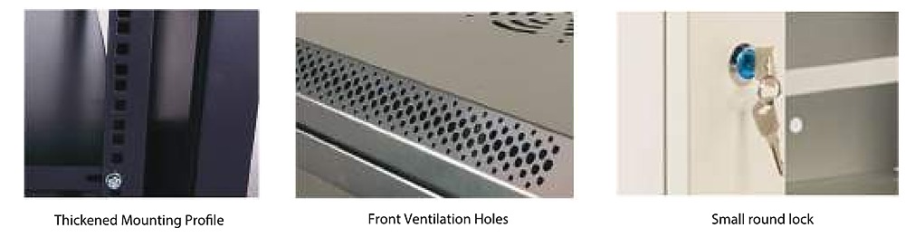 Heizka W Type Wall Mount Cabinet detail views: thickened mounting profile, front ventilation holes and small round lock